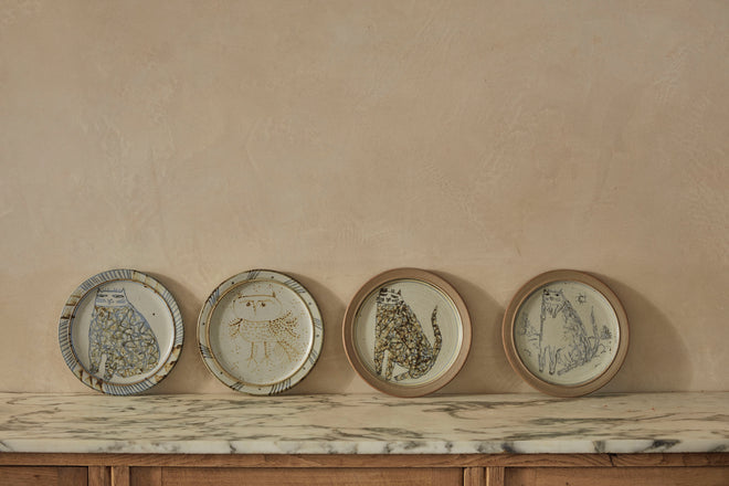 Four Aller Pottery Plates Decorated with Cats and an Owl