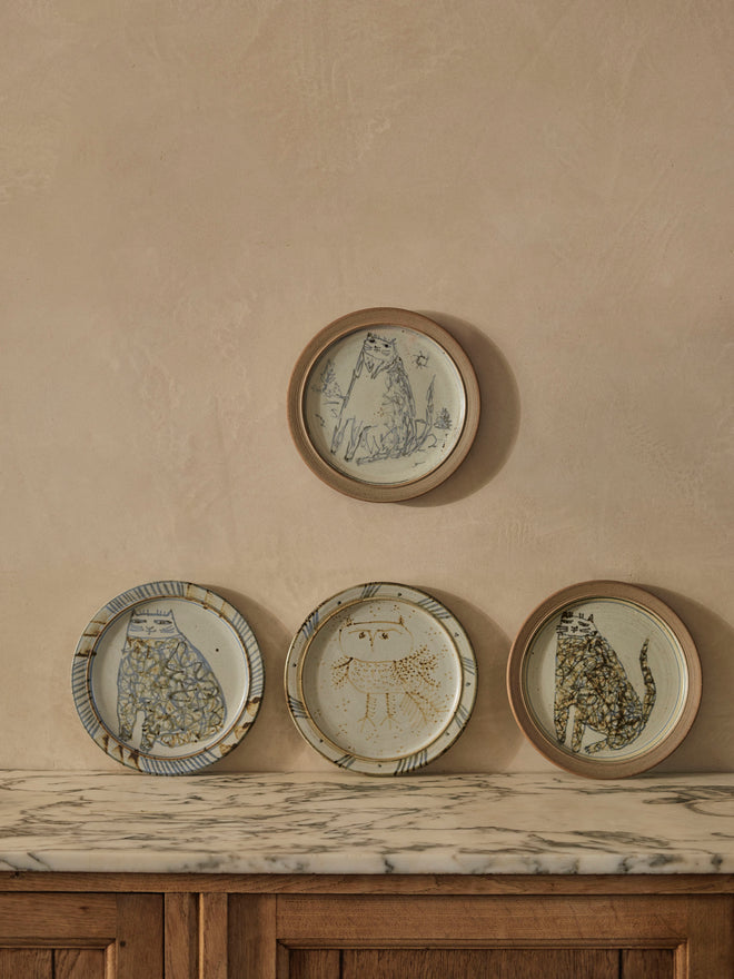 Four Aller Pottery Plates Decorated with Cats and an Owl