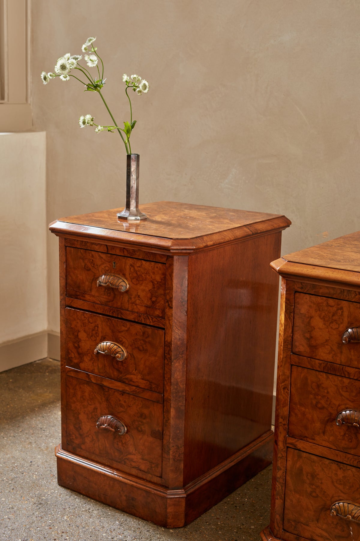 A Pair of Mid Century Burr Bedside Tables