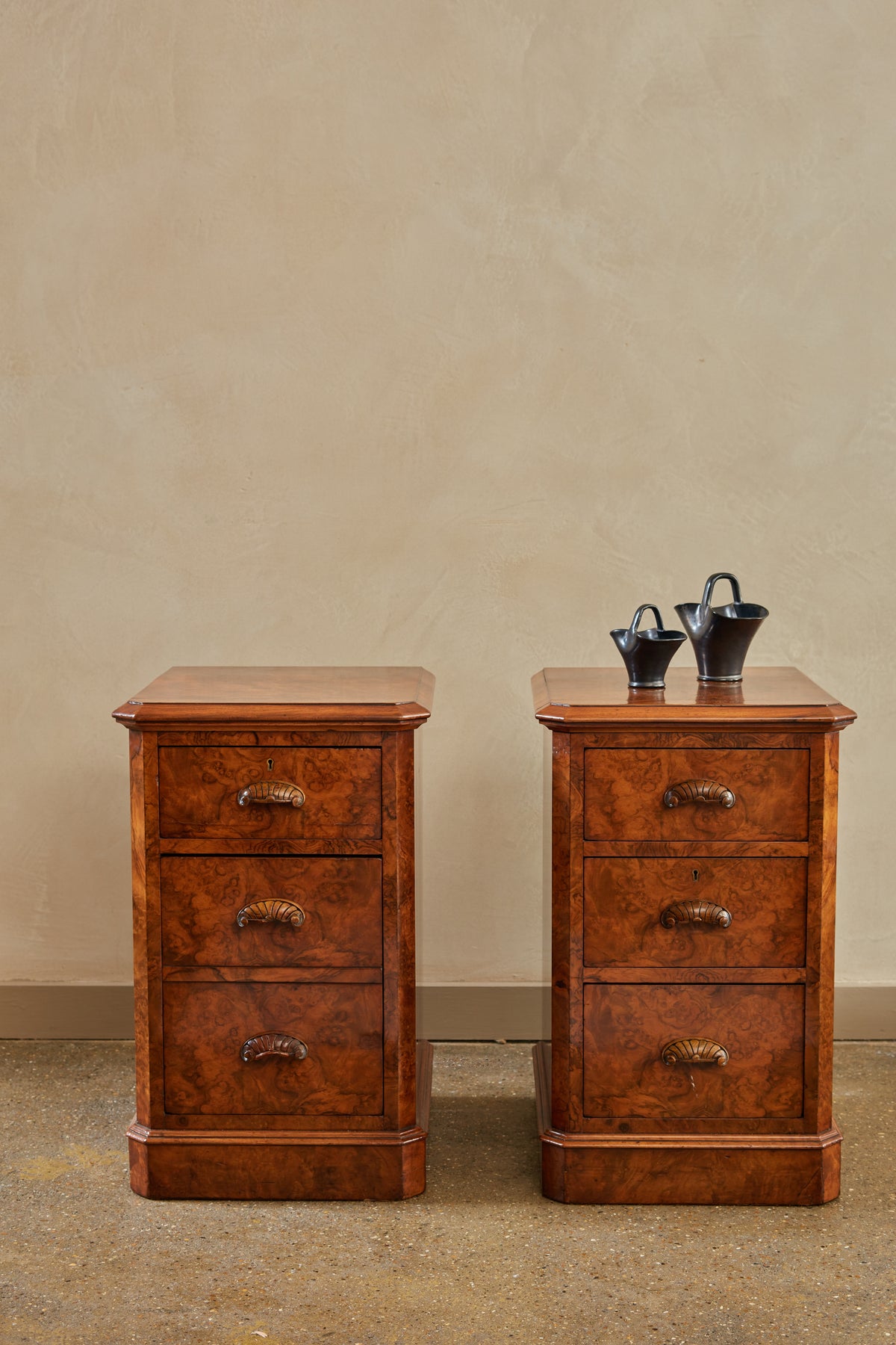 A Pair of Mid Century Burr Bedside Tables