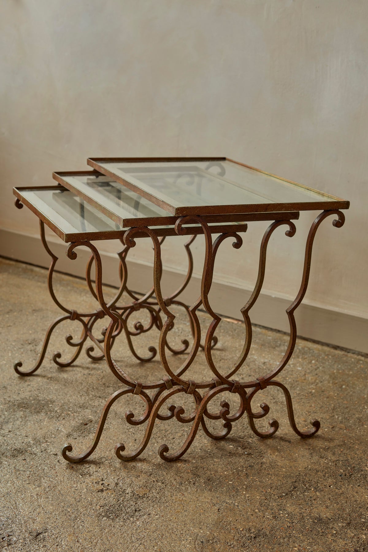 Set of Three French Nesting Tables with Mirrored Tops