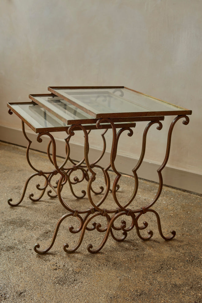 Set of Three French Nesting Tables with Mirrored Tops