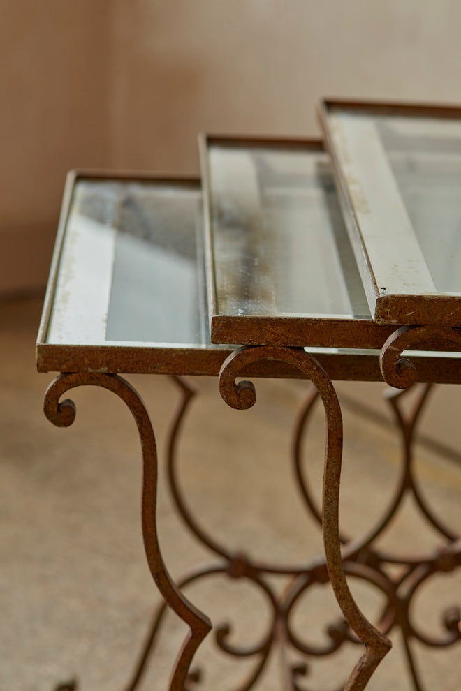 Set of Three French Nesting Tables with Mirrored Tops