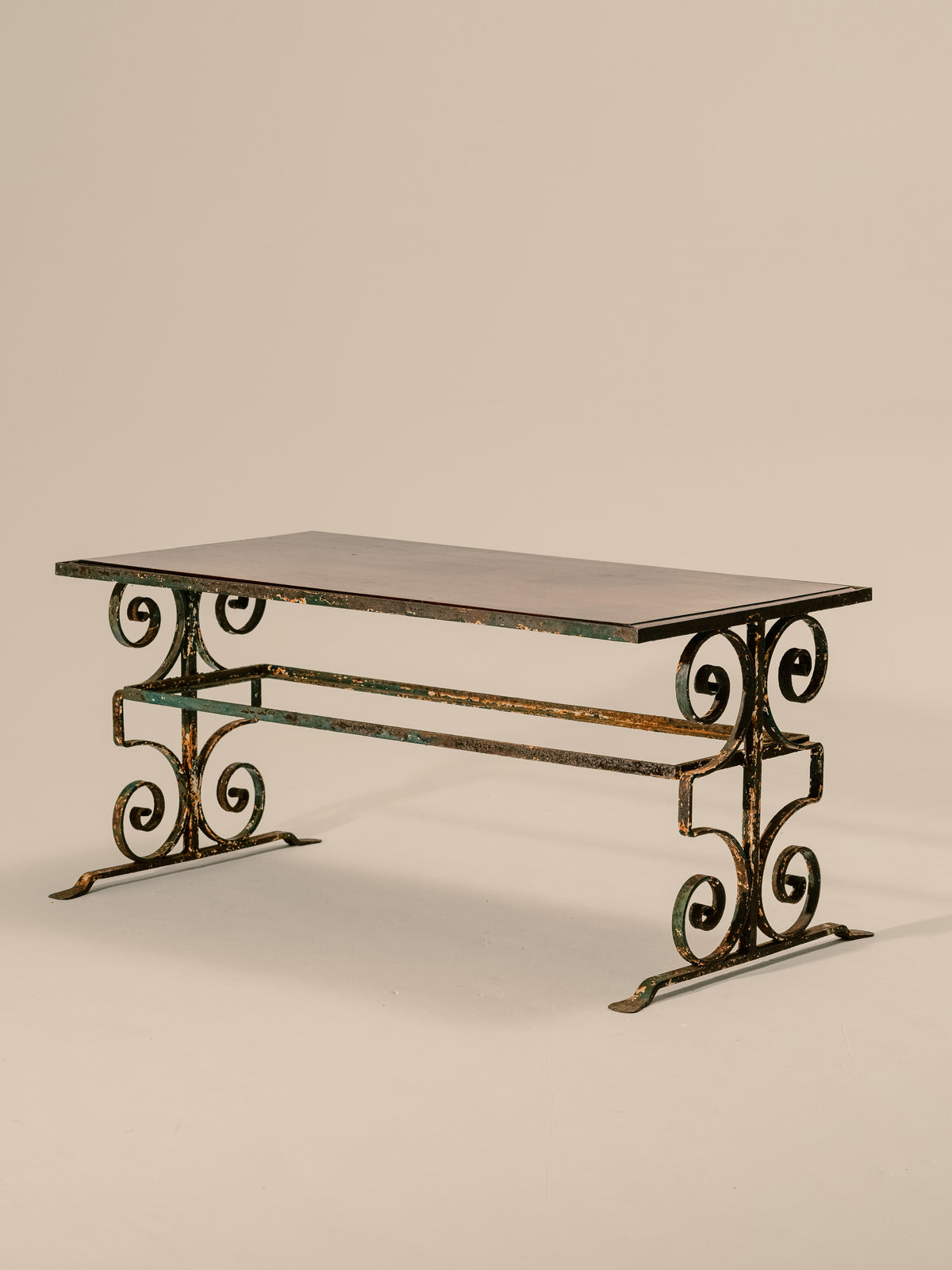 Wrought Iron & Mahogany Topped Coffee Table