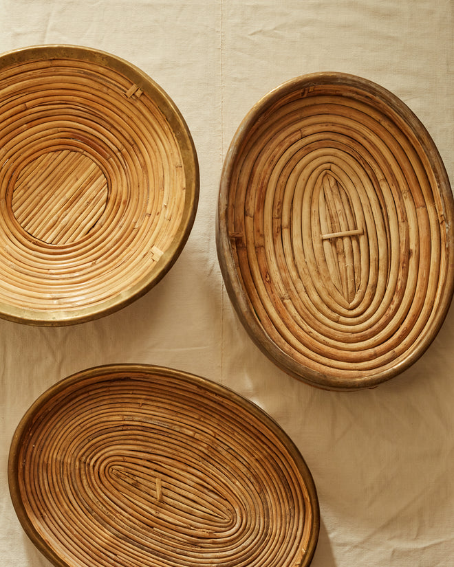 Oval Bamboo and Brass Tray in the Manner of Gabriella Crespi