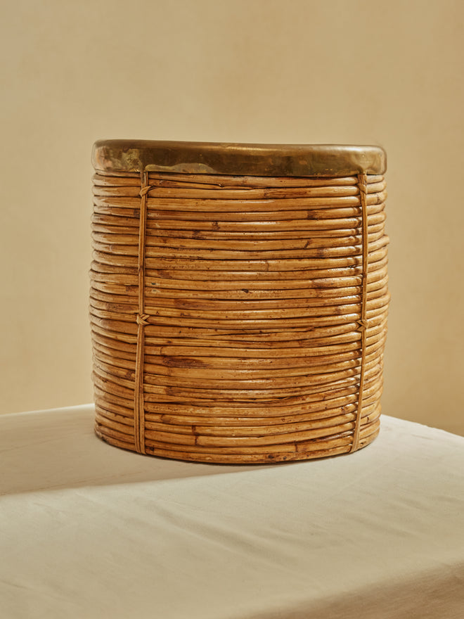 A 1970's Woven Bamboo & Brass Cachepot